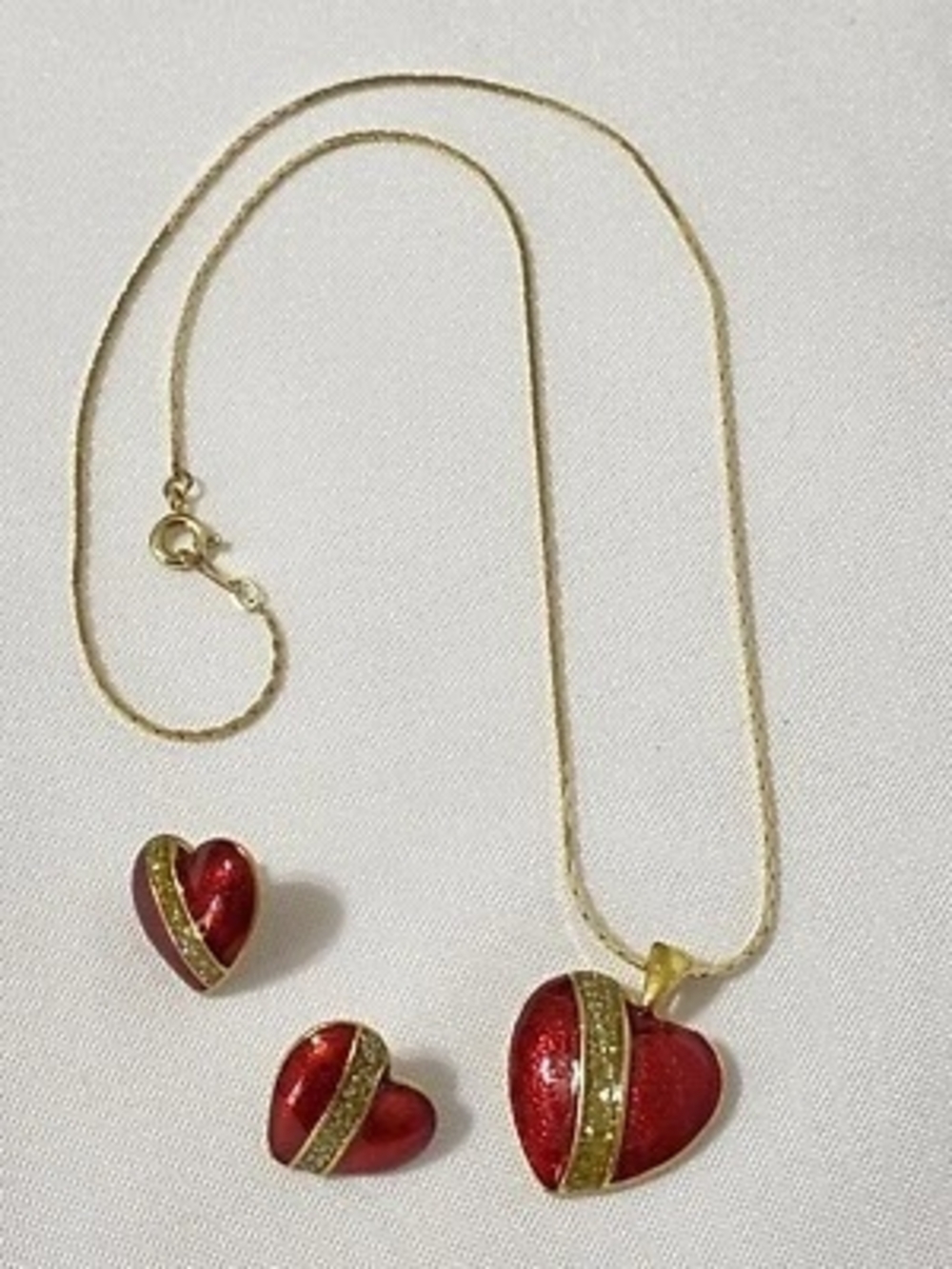 NWT Vntg ROYAL Ruby Red Enamel ❤️ Necklace & Matching Earrings Set -Gold Plated